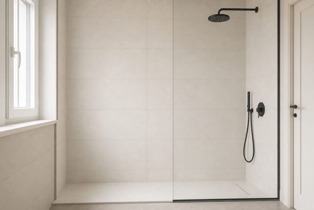 Carrelage imitation béton Ivory PROGRESS 30x90 - ambiance douche italienne