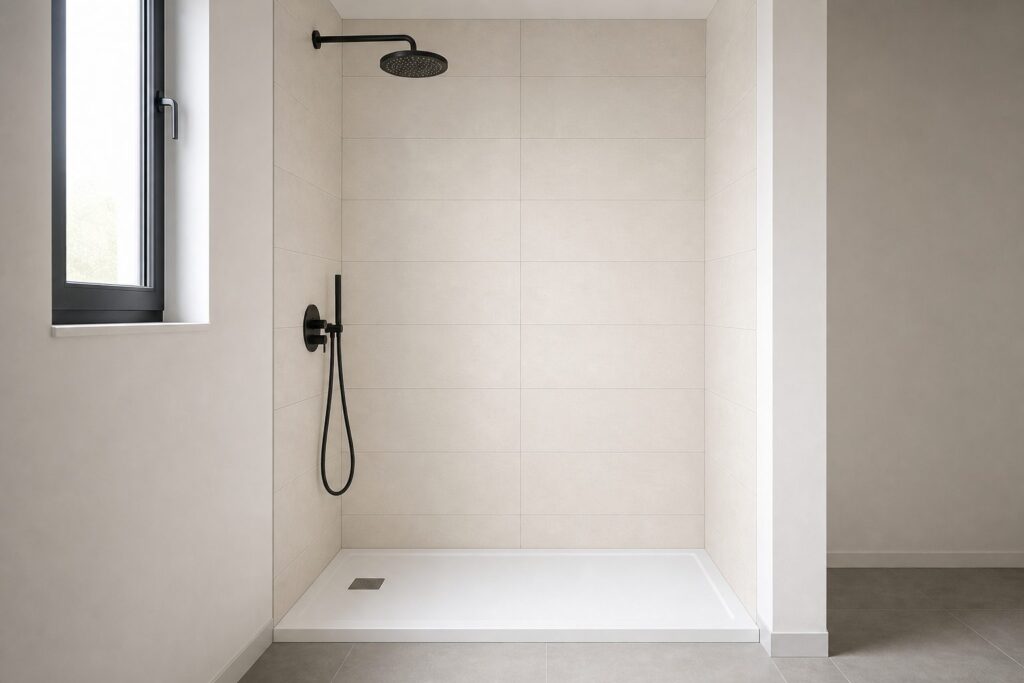 Carrelage imitation béton Ivory PROGRESS 25x75 - ambiance douche italienne