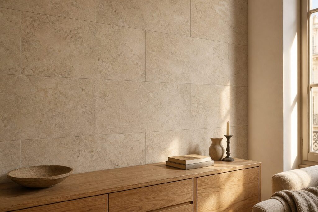 Pierre de parement Beige ARCATA 30x60 - ambiance salon