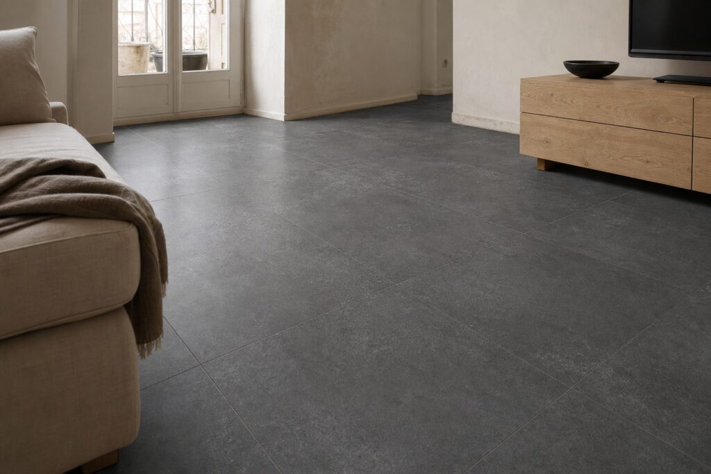 Carrelage imitation béton Anthracite BETON 60x60 - ambiance salon