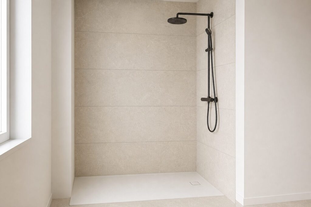 Carrelage grand format Sand NORWICH 40x120 - ambiance douche italienne