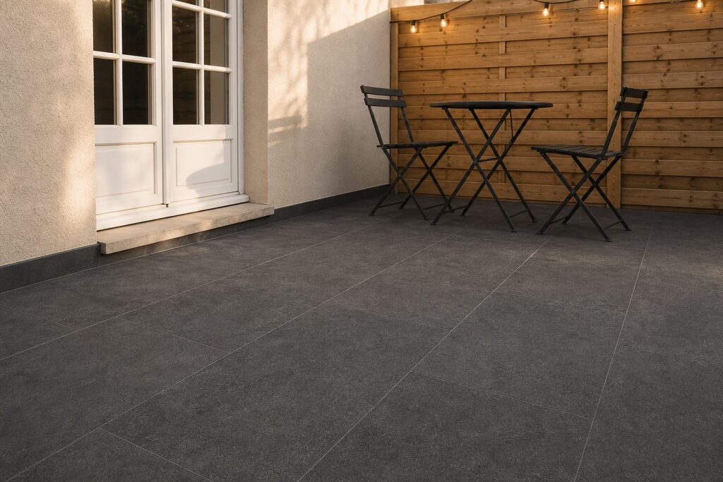 Carrelage imitation béton Anthracite NEXUS 60x120 20mm - ambiance terrasse