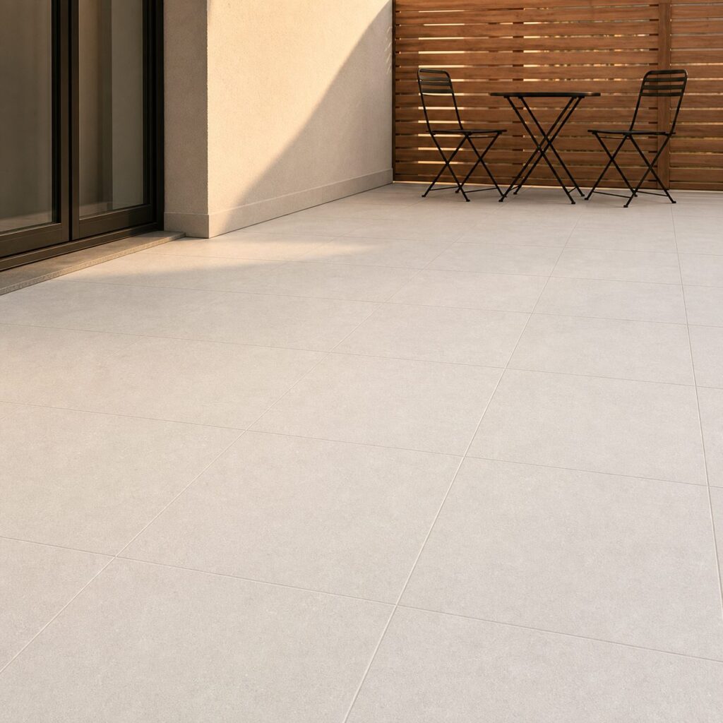 Carrelage extérieur White ACRON 20mm 90x90 - ambiance terrasse