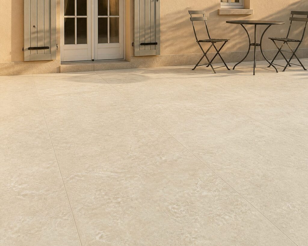 Carrelage grand format Beige TREVIA 120x120 - ambiance terrasse