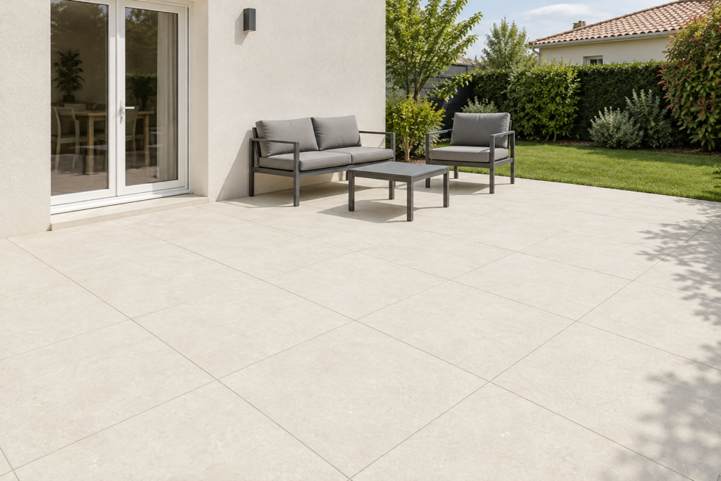 Carrelage extérieur Ivory ACRON 20 mm 90×90 — ambiance terrasse validée
