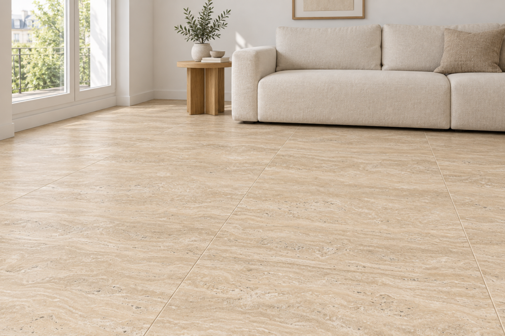 Carrelage imitation marbre Beige LICEO 100×100 — ambiance validée