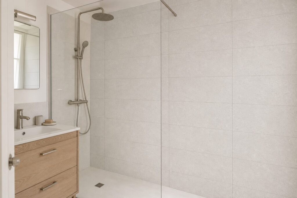 Carrelage imitation béton Pearl BORNEO 30x75 - ambiance douche