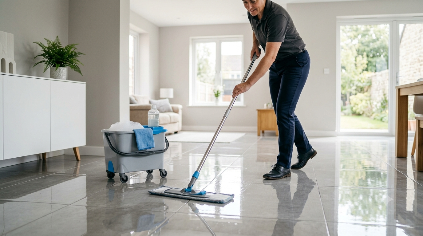 Nettoyage d un sol en carrelage gris brillant avec un balai microfibre et un seau