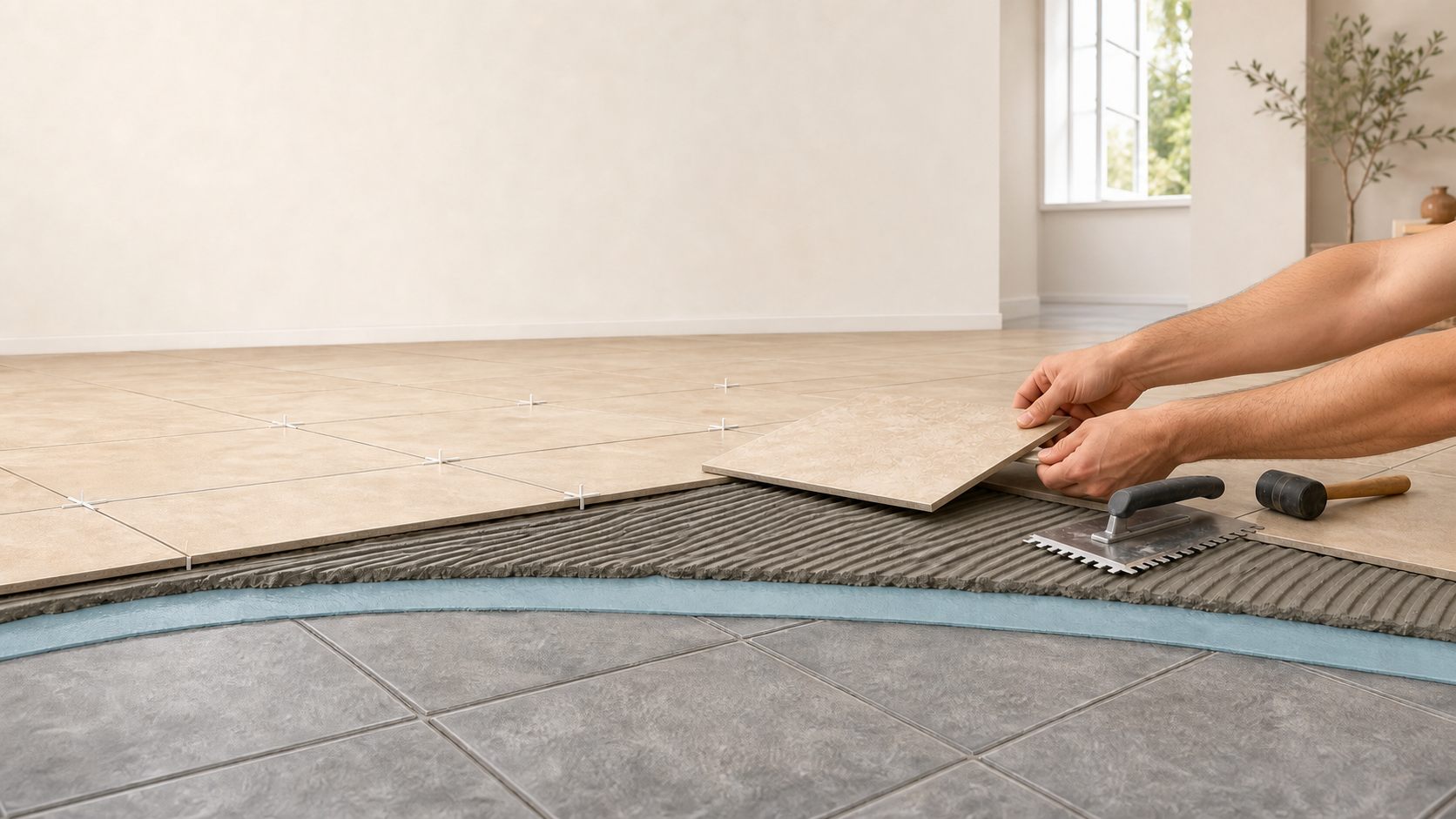 Artisan posant un nouveau carrelage beige par-dessus un ancien carrelage gris, avec colle, croisillons et maillet