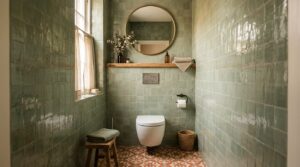Toilettes avec carrelage zellige vert sauge, WC suspendu et sol en carreaux de ciment terracotta