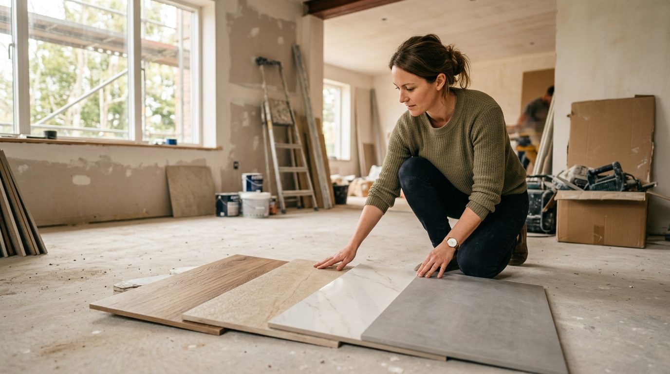 Comparaison d echantillons de carrelage grès cérame effet bois, pierre et marbre