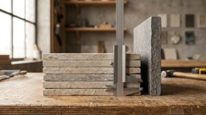 Pile de carreaux en grès cérame avec pied à coulisse mesurant leur épaisseur, dalle 20 mm en arrière-plan