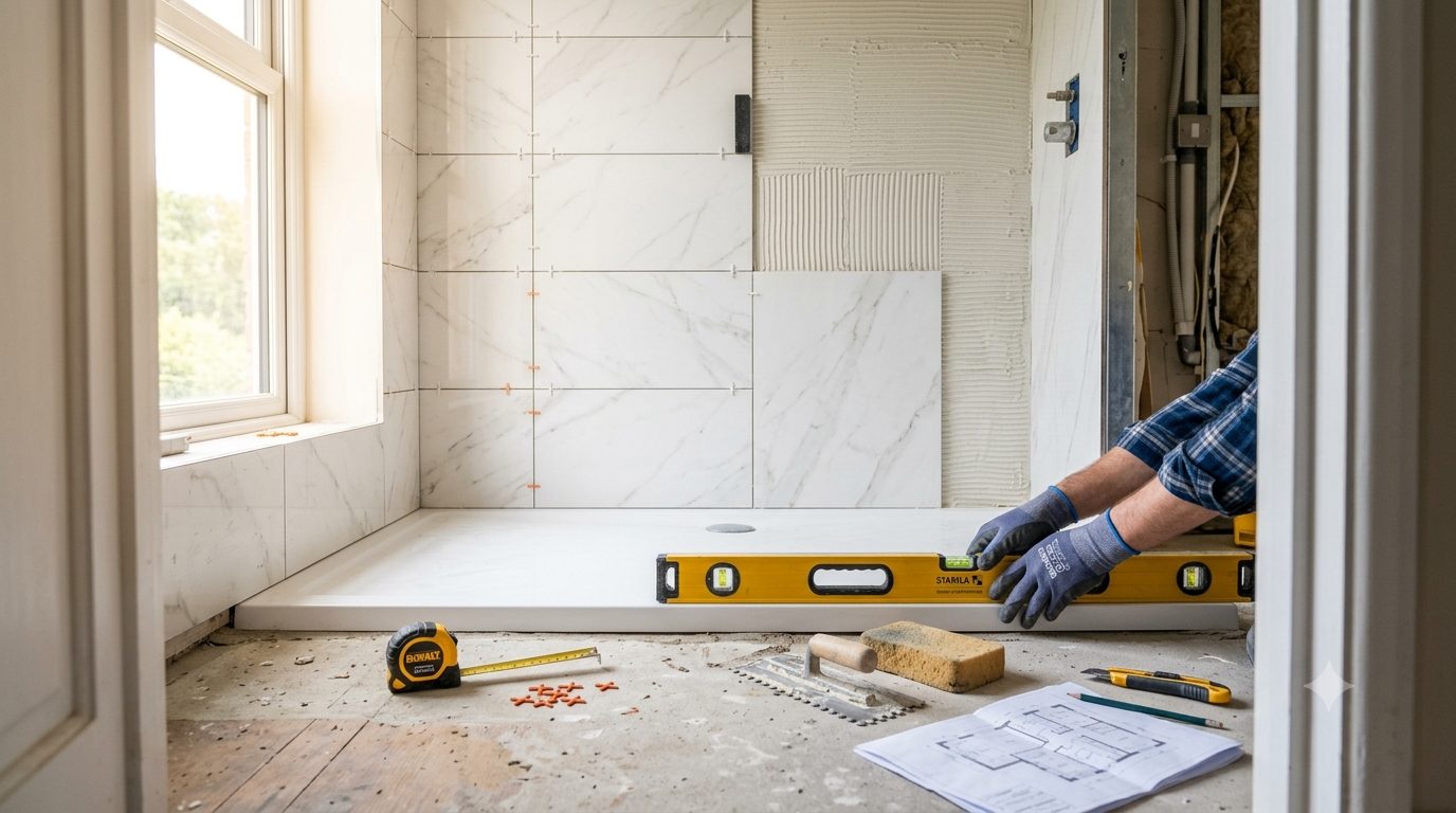 Pose d un receveur de douche extra-plat lors d une rénovation de salle de bain en autonomie