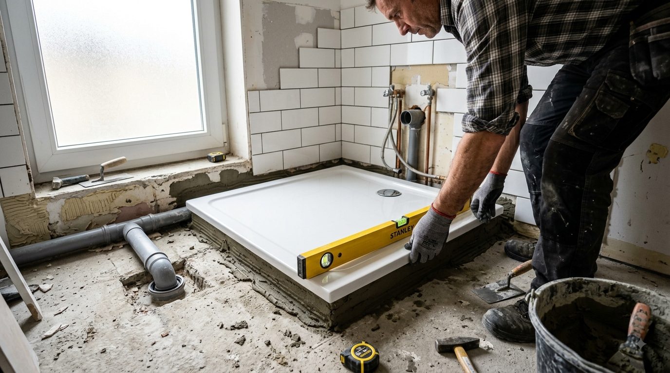 Pose d'un receveur de douche extra plat à la place d'une baignoire déposée