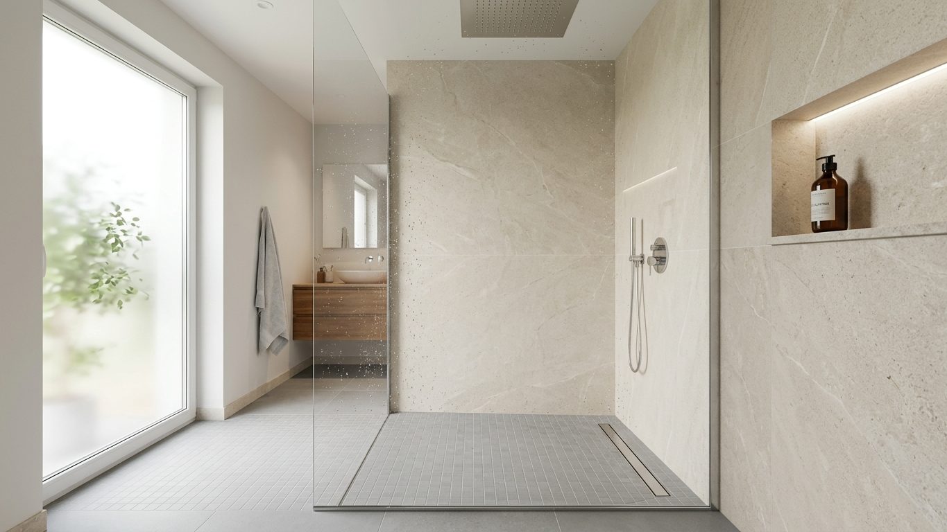 Douche italienne avec mosaïque en grès cérame antidérapante au sol et carrelage grand format effet pierre aux murs