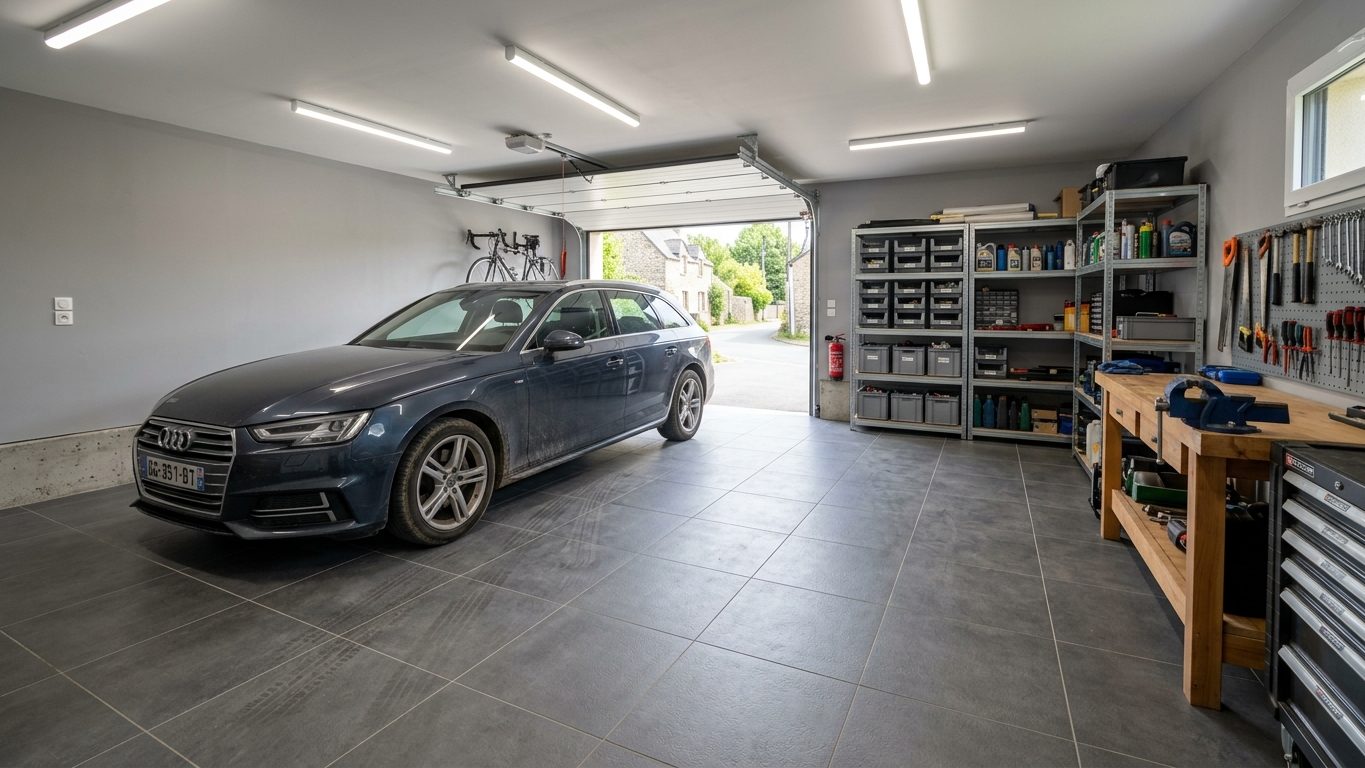 Garage résidentiel carrelé en grès cérame gris anthracite grand format avec voiture garée et établi