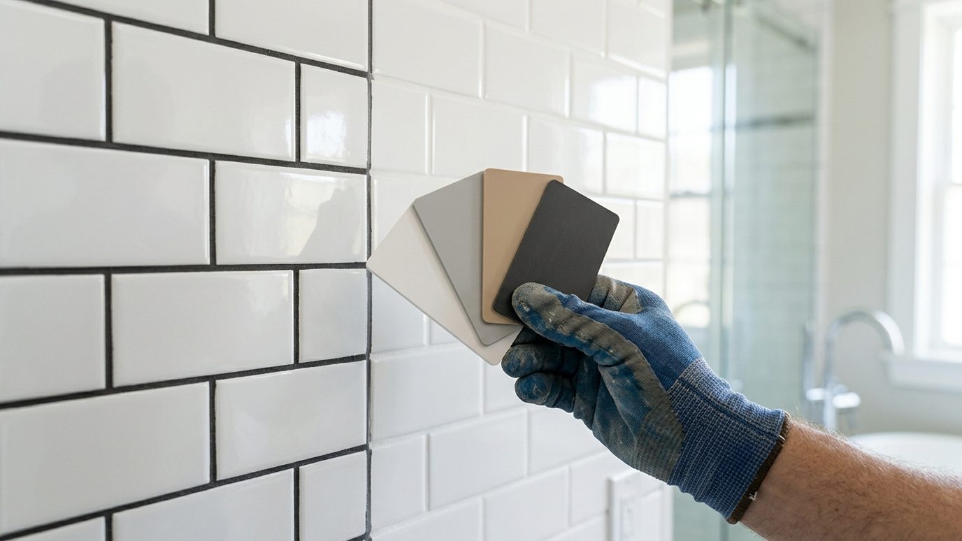 Nuancier de couleurs de joint devant un mur de carrelage métro blanc, joints anthracite et joints blancs