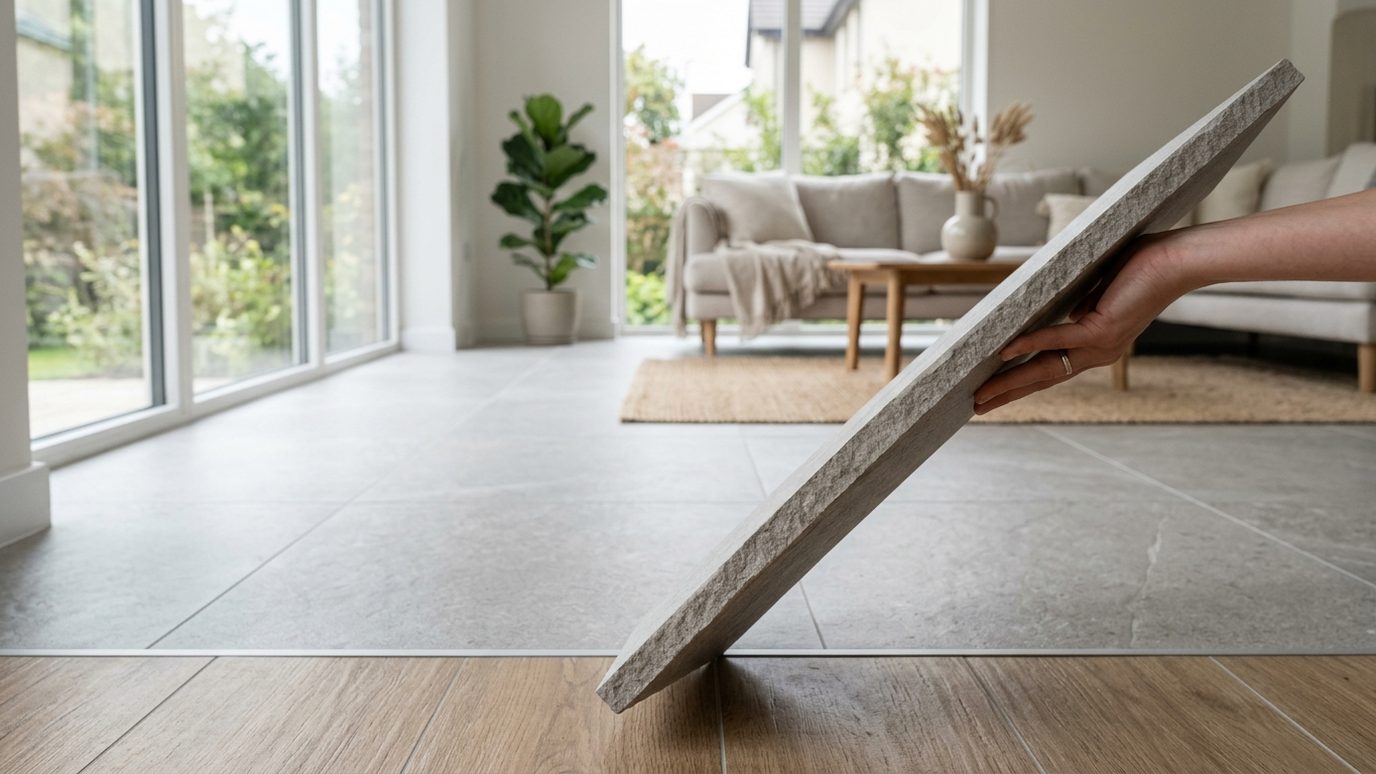 Carreau de grès cérame effet pierre tenu de chant dans un séjour, sol grand format gris clair et lames effet parquet