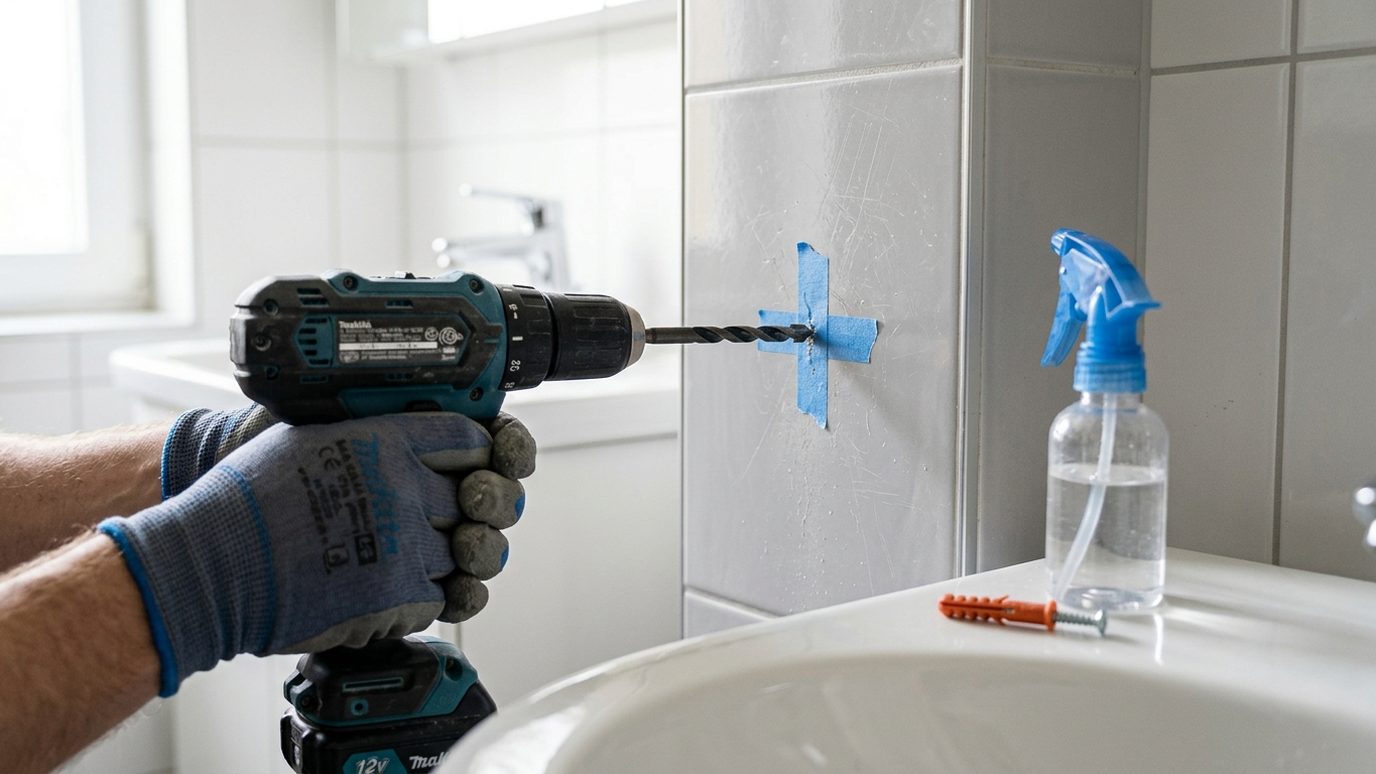 Perceuse avec foret carbure perçant un carrelage mural gris clair, ruban de masquage en croix et vaporisateur