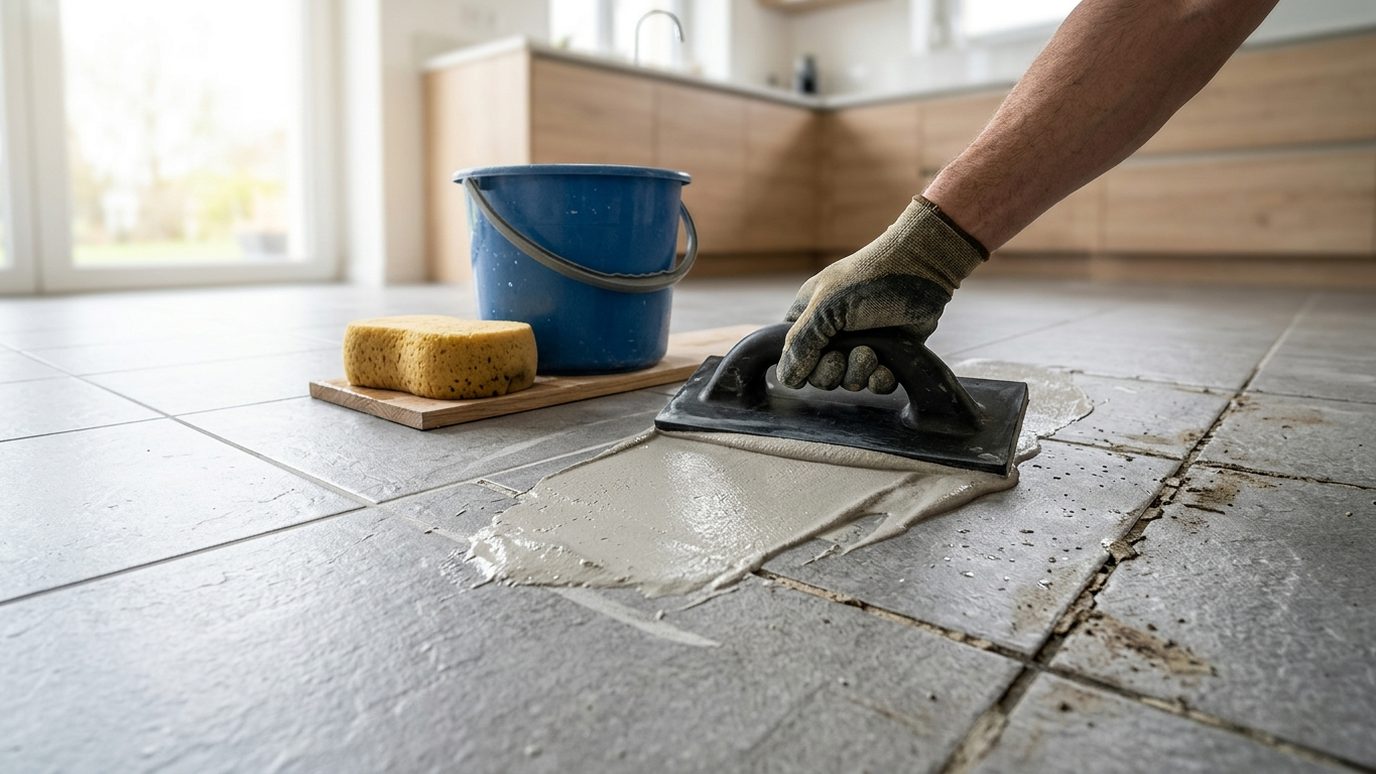 Rejointoiement de carrelage au sol à la taloche, joints neufs et anciens joints abîmés