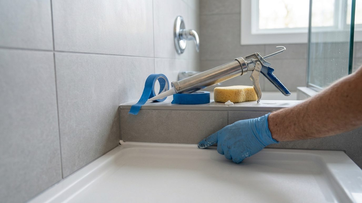 Lissage du joint silicone entre le receveur de douche et le carrelage gris
