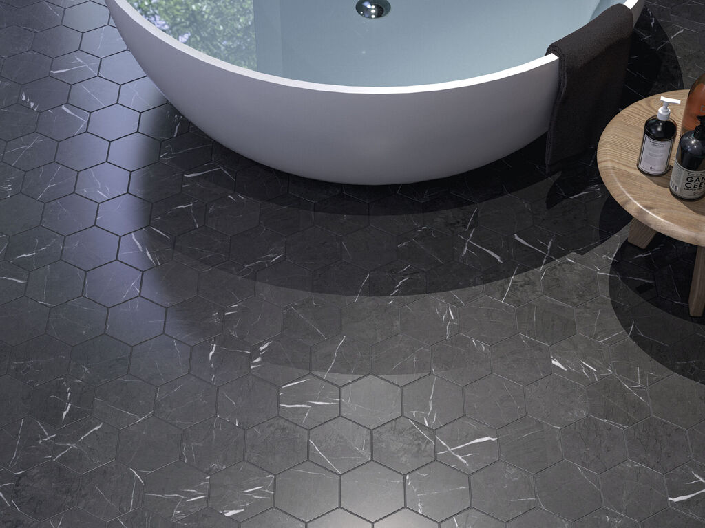 Carrelage hexagonal imitation marbre Noir MARQUINA 15x17 en situation