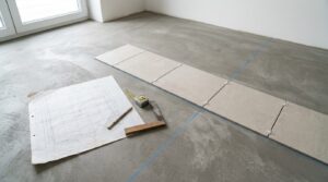 Plan de calepinage sur papier millimétré et carreaux 60x60 posés à blanc le long des axes tracés au cordeau