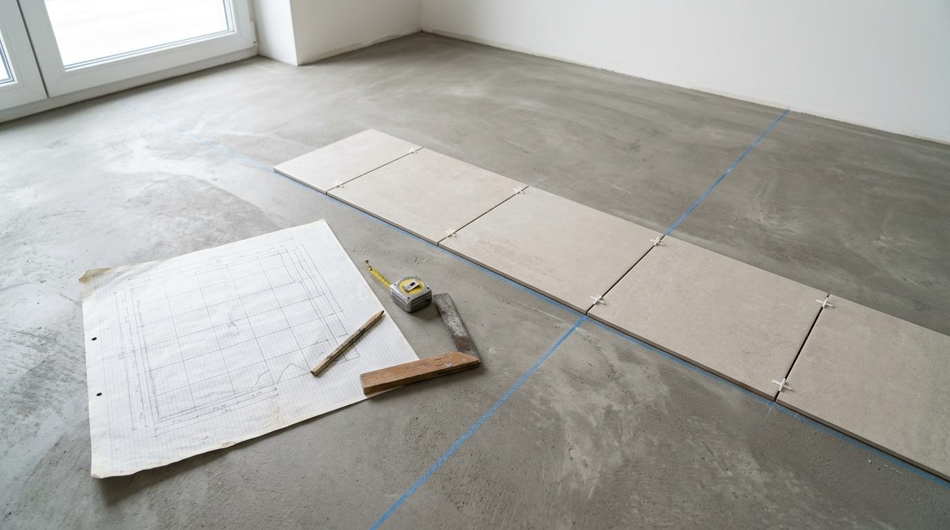 Plan de calepinage sur papier millimétré et carreaux 60x60 posés à blanc le long des axes tracés au cordeau