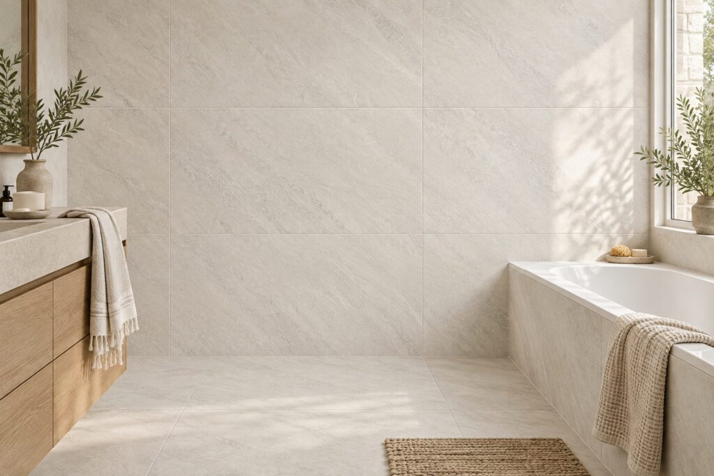 Carrelage imitation pierre Sand KLIFF 60×120 - ambiance salle de bain