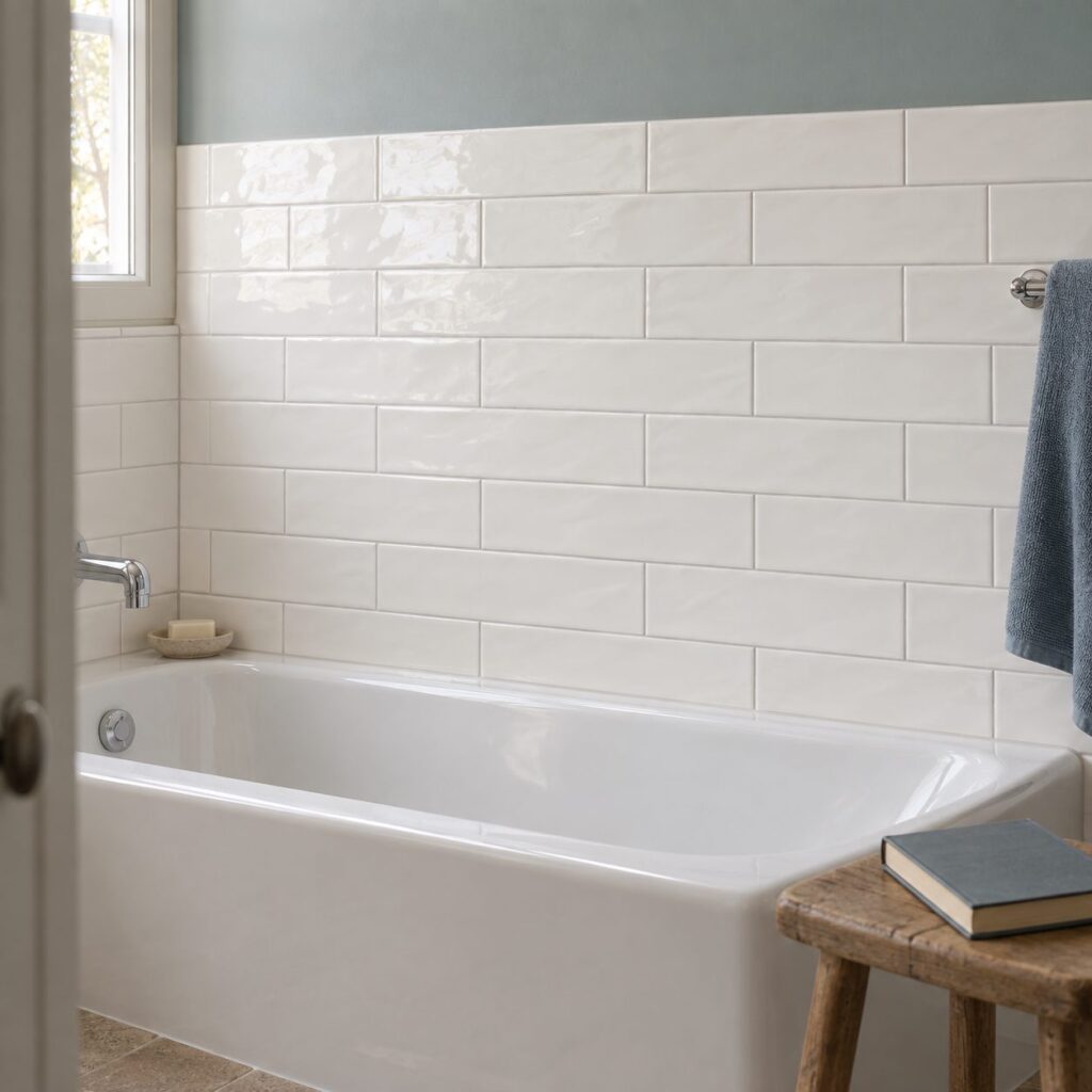 Faïence murale White BULEVAR 10×30,5 - ambiance salle de bain