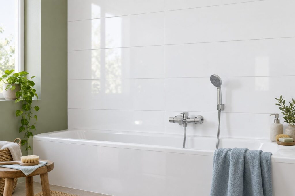 Faïence murale White GLACIAR Brillant 30×75 - ambiance salle de bain