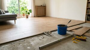 Pose de carrelage imitation parquet en lames 20x120 à joints décalés dans un salon