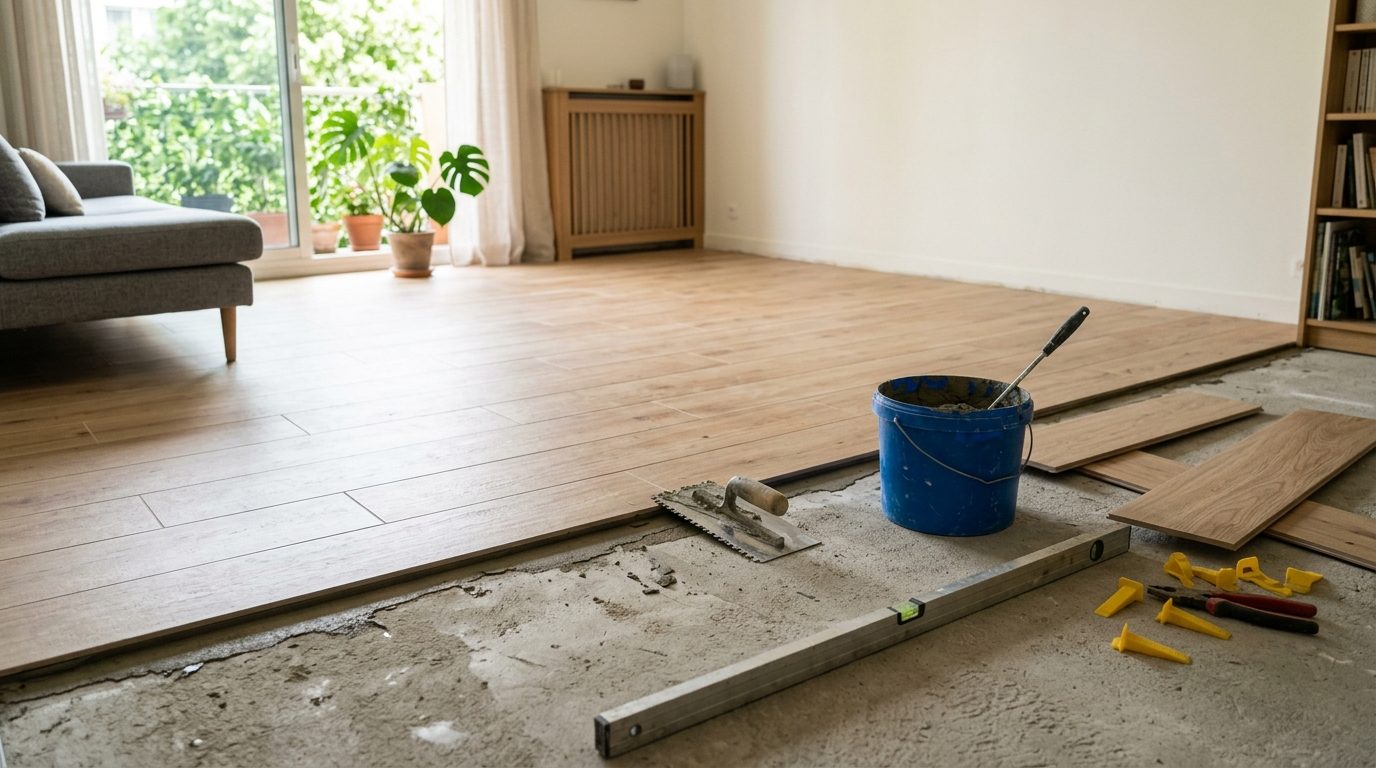 Pose de carrelage imitation parquet en lames 20x120 à joints décalés dans un salon