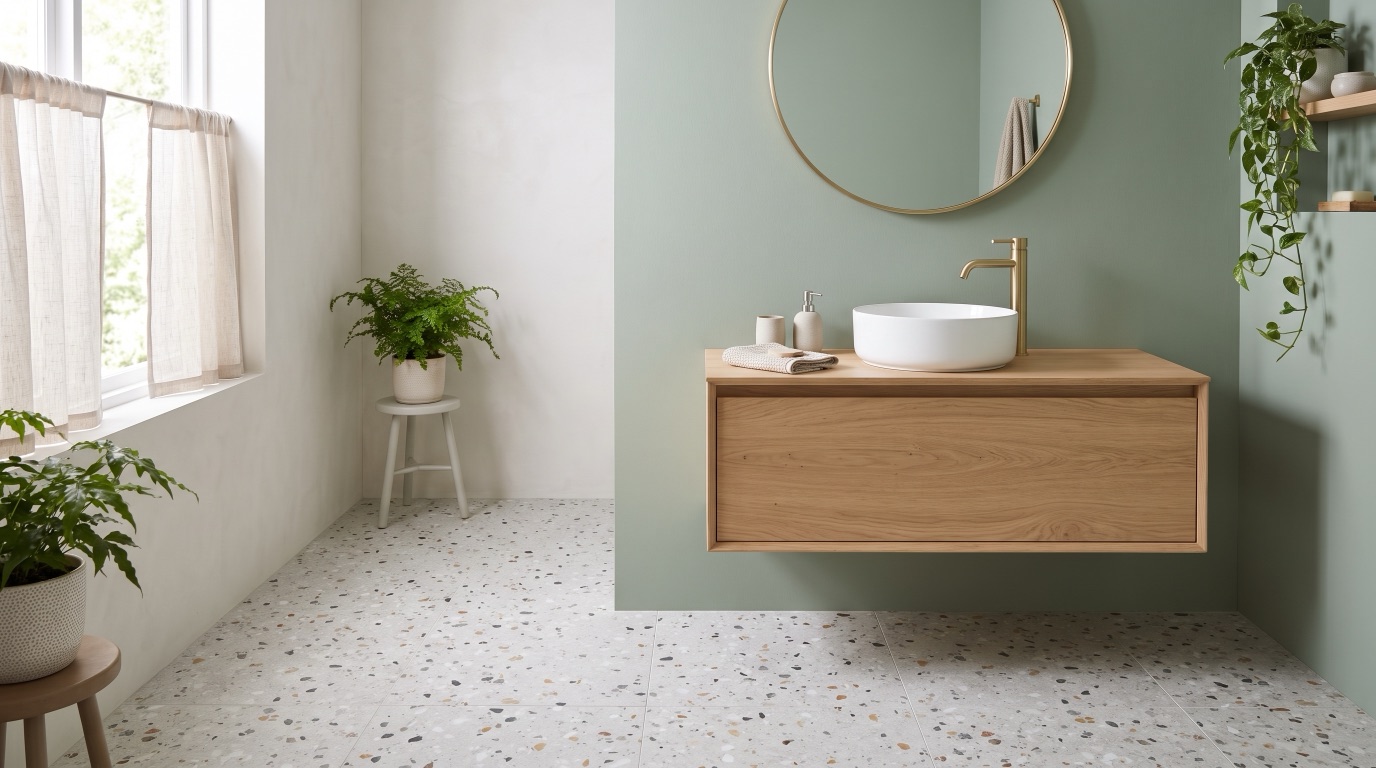 Salle de bain avec sol en carrelage terrazzo gris clair, mur vert sauge et meuble vasque en chêne